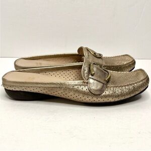 Stuart Weitzman - 8.5 - perforated leather mules metallic gold with buckle